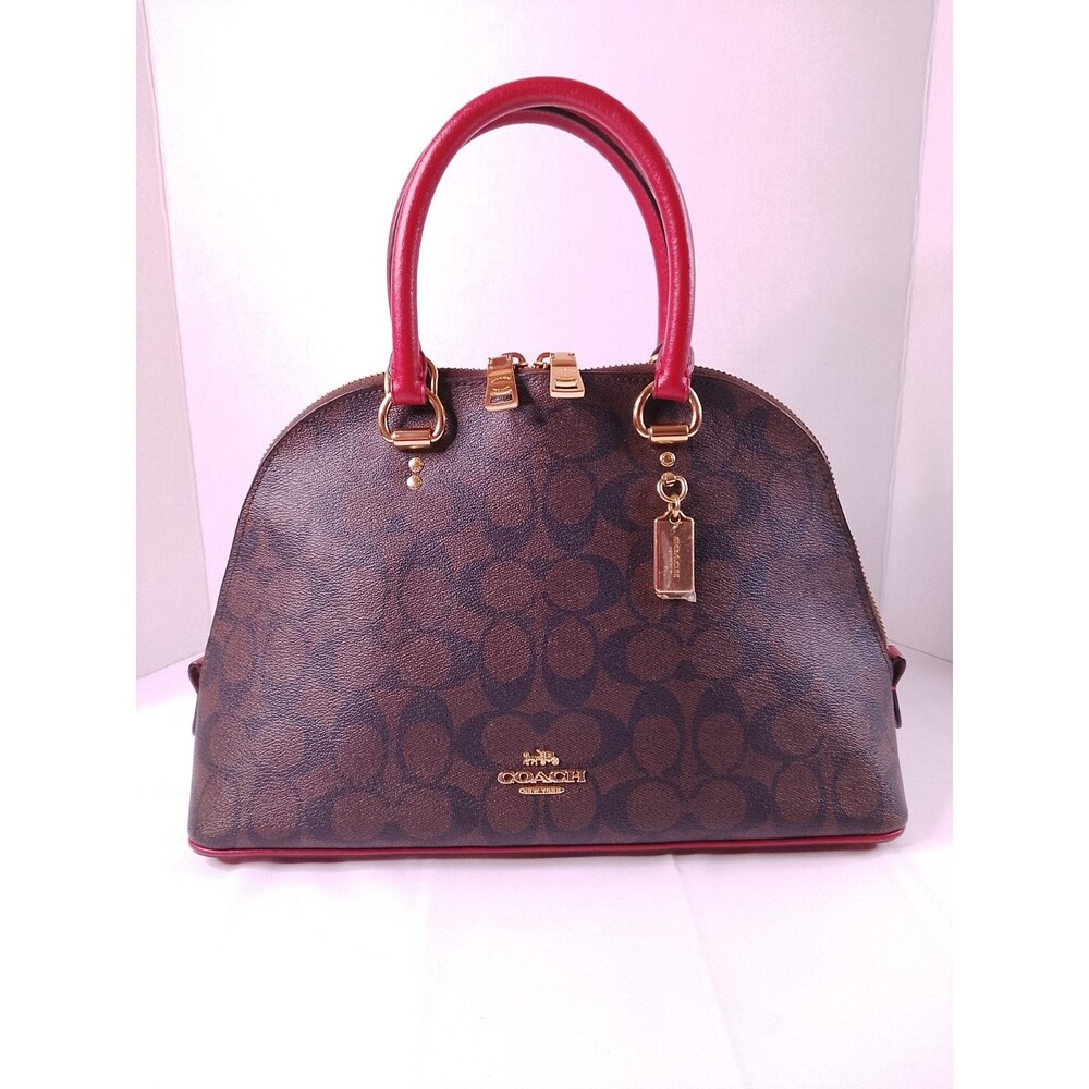 COACH 2558 Katy Satchel Signature Canvas Leather Dome Bag Brown Red Medium